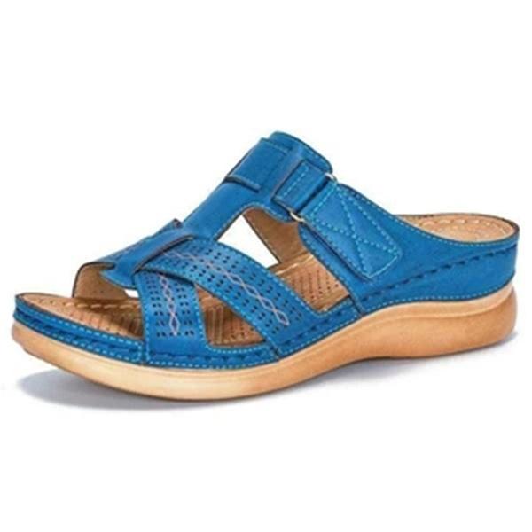 Beställ en storlek upp, sommar Kvinnor Premium Ortopediska Sandaler med öppen tå Kvinnliga Tofflor Spänne Rem Vintage Anti-halk Andas Tofflor Plus Size Sandaler