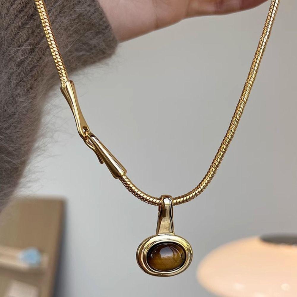 Tiger Eye Stone Pendant Necklace Titanium Steel Women Necklace Sweater Chain  Jewelry Accessories