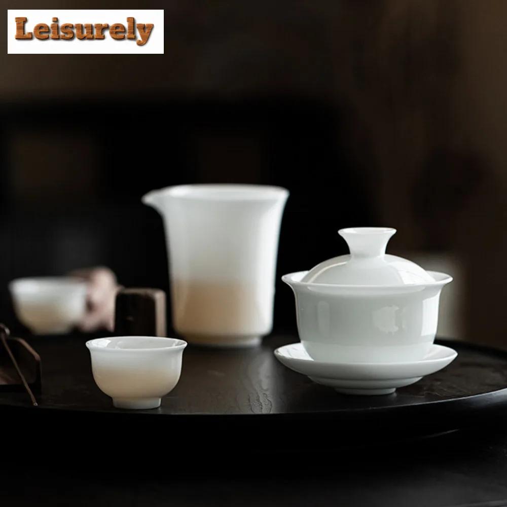 140ml Iced Jade Wihte Porcelain Gaiwan Luxury Brewing Tea Sancai Tea Tureen Household Tea Making Cover Bowl for Tea Ornaments