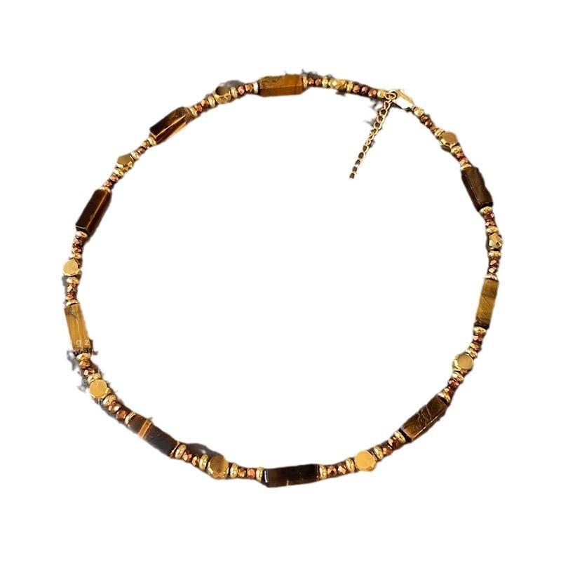 Retro Layered Tiger Eye Stone Pendant Necklaces for Girls Women Natural Stones Double-Layer Maillard Necklace Jewelry Gifts