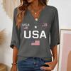Women’s 3/4 Sleeve V Neck Casual Top with USA Letter Print Flag Graphic Button Loose Fit Blouse for Daily Wear