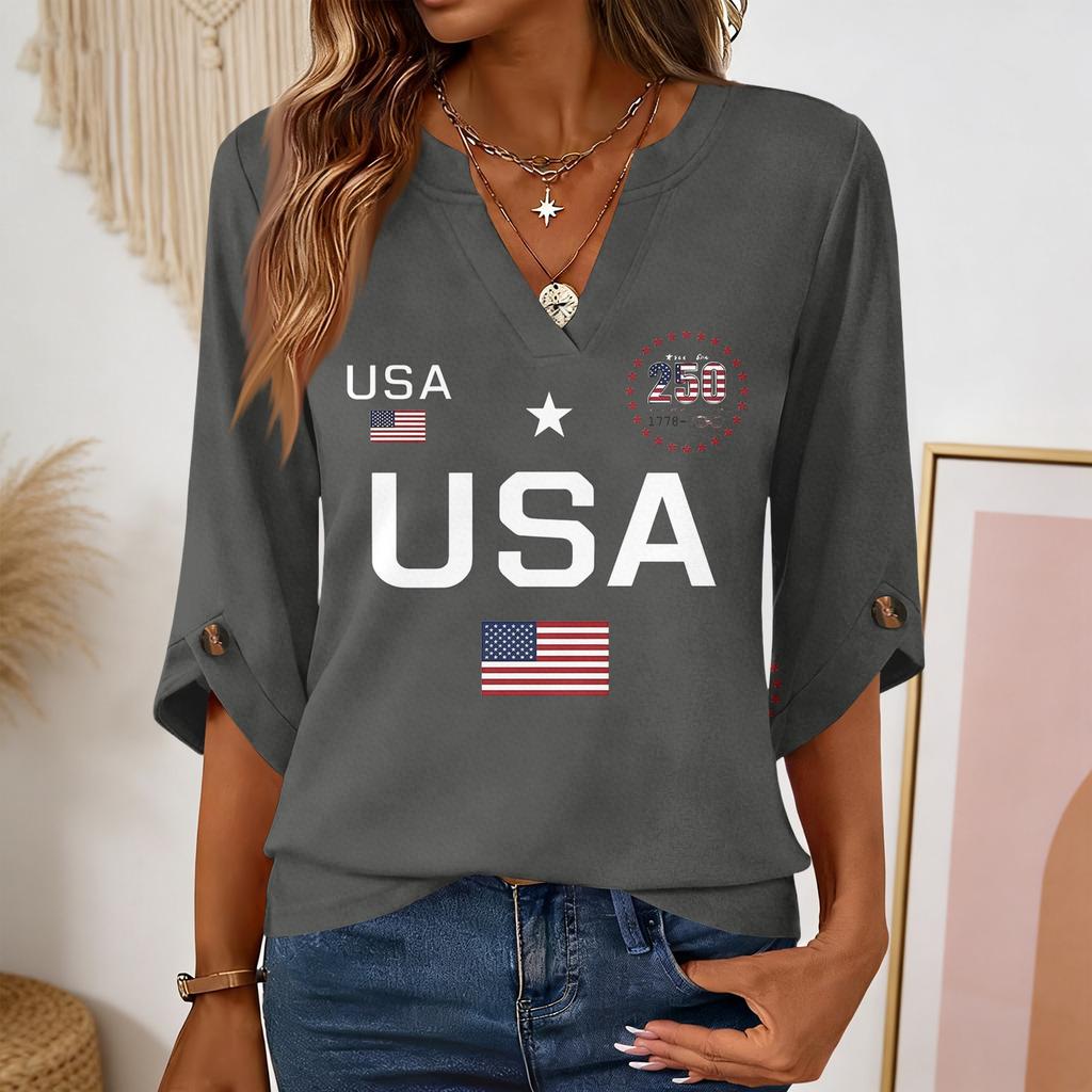 Women’s 3/4 Sleeve V Neck Casual Top with USA Letter Print Flag Graphic Button Loose Fit Blouse for Daily Wear