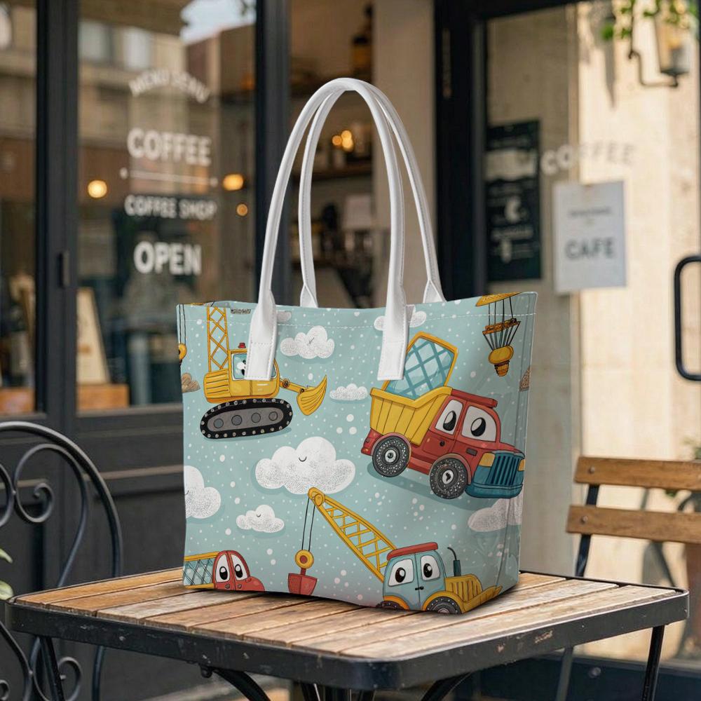 Cartoon Construction Car Tote Bag Cute Vehicle Printed Large Capacity Handbag for Outdoor Shopping Daily Use Portable Lightweight Shoulder Bag