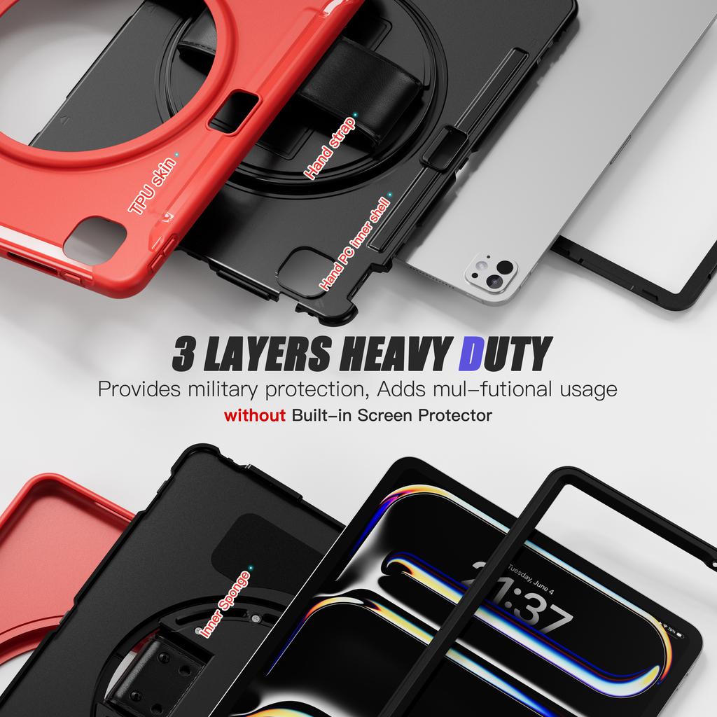 Hybrid Stand Cover for IPad Pro 13 2024 M4 Model A2926 A2925 A3007 360 Rotating Tablet Case PC-TPU with Hand Shoulder Shockproof