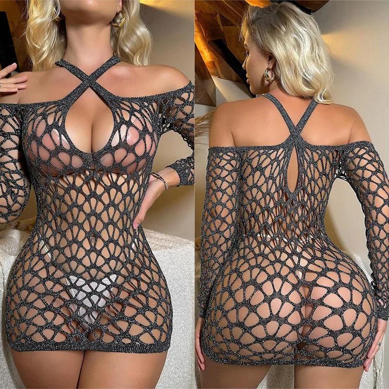 Dress Silver Wire Mesh Perspective Slim Fit Bag Buttocks Tight And Fun Lingerie Sexy Costume Women Robe Femmes Evening Dresses