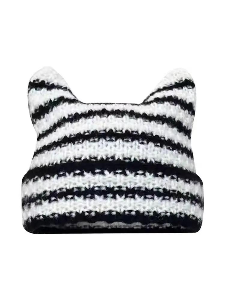New Japanese Streetwear Harajuku Beanie Little Devil Striped Knitted Hat Women Girls Autumn Winter Cute Cat Ears Cap