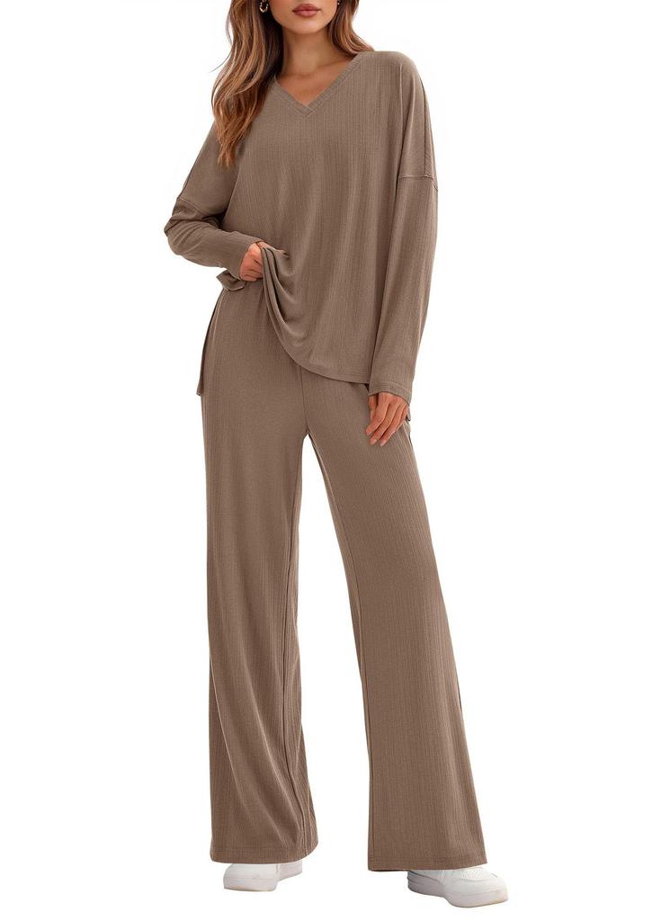New Spring/Summer Two-Piece Set Cotton-Like Casual V-Neck Long-Sleeve Loose-Fit Pants Set for Women