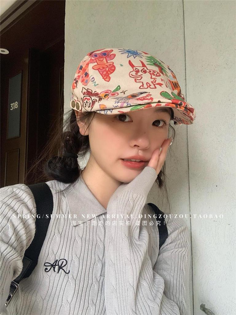 Japanese Graffiti Retro Beret: Cute, Thin, and Versatile Painter Cap for Women - Trendy Spring/Summer Style.