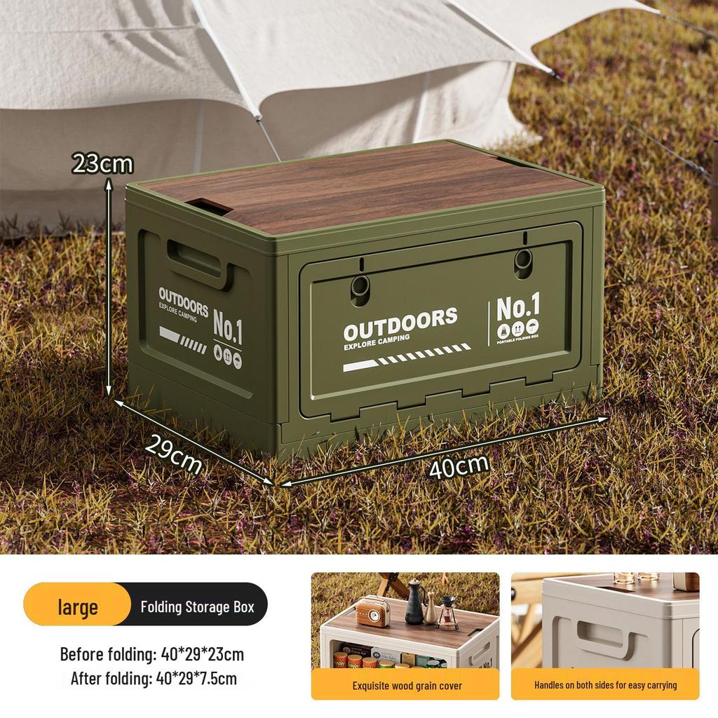 Extra Large Folding Outdoor Camping Storage Box with Wood Lid and Side Opening for Car Trunk