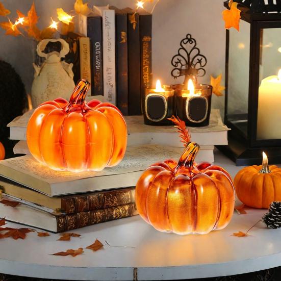 2Pcs LED Glass Pumpkin Set Starry Night Design Halloween Thanksgiving Decor Lighted Lantern Indoor Fall Decoration