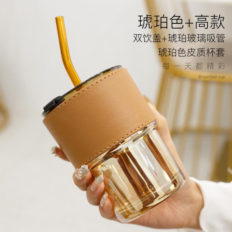 Bamboo Cup Creative Transparent Glass Straw Cup Portable Feng Shui Cup With Lid Milk Coffee Cup