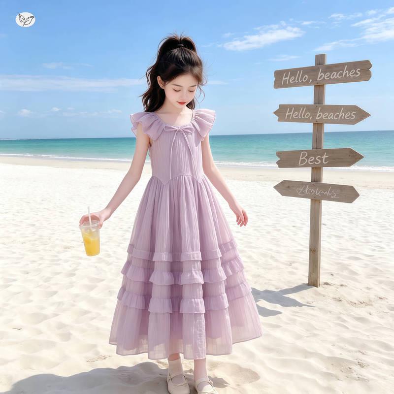 Girls' Puff Sleeve Lace Cake Dress - Summer 2026 Style, Slim Waist Long Dress for Kids