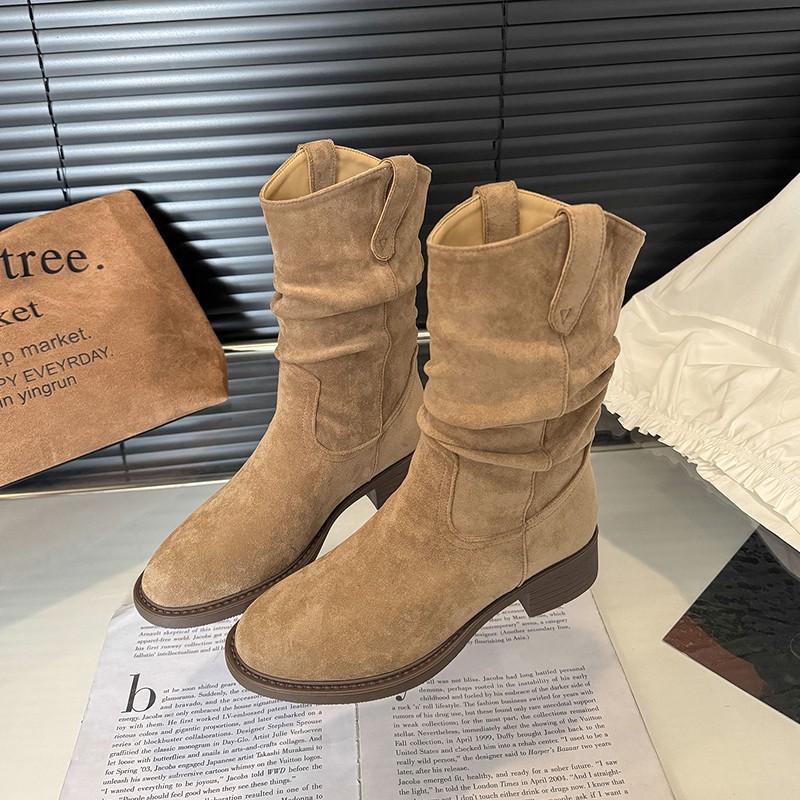 Fashion New Style Women's Natural Suede Leather Small Square Toe Slip-on Autumn Pleated Knee High Boots Casual Female Punk Western Boots