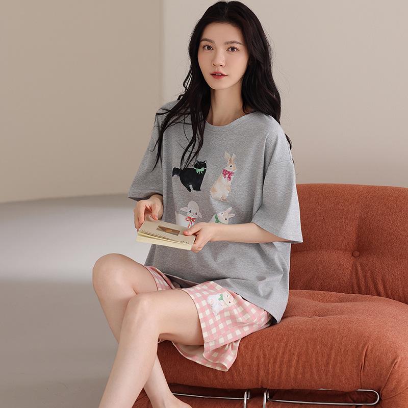 Pajamas Women's Summer Cotton Short Sleeve Shorts Fashion Stripes Slack Women's Casual Thin Loungewear