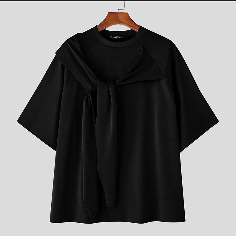 INCERUN Men Round Neck Tie Up Short Sleeve Solid Color Casual Loose Summer T-shirts