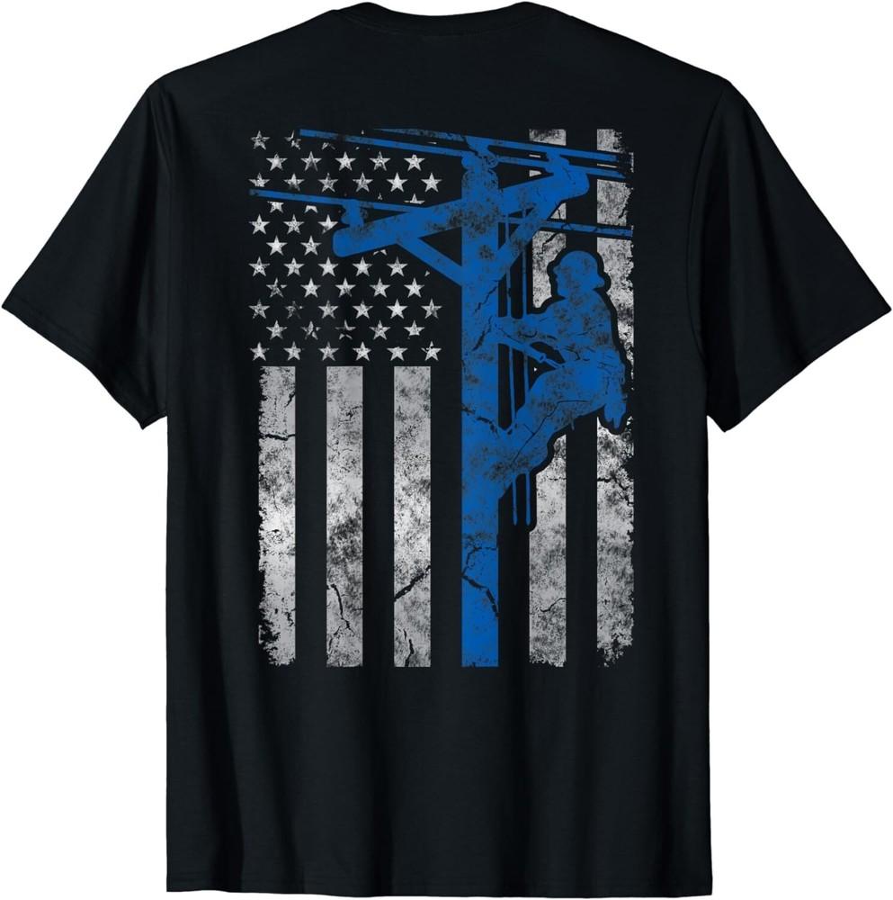 

Distressed Patriotic Thin Blue Line Lineman American Flag Gift Unisex T-Shirt 4XL