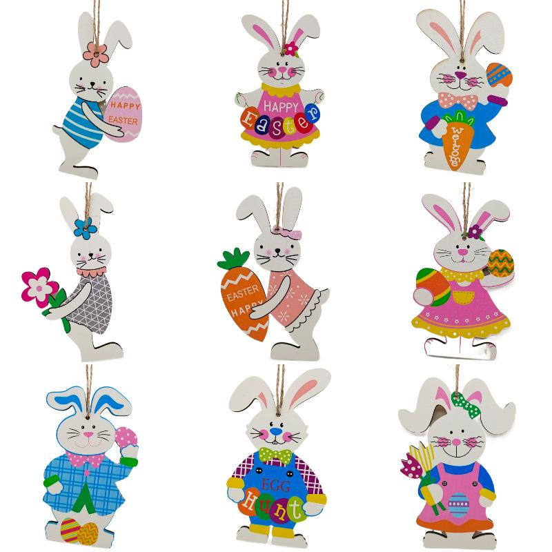 Cartoon Easter Ornaments Set Easter Decoration Bunny Rabbit Carrot Wood Pendant Craft Supplies Easter Decorations For Home