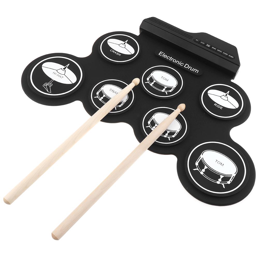 Electronic Digital USB 7 Pads Roll Up Set Silicone Electric Drum Kit with Drumsticks & Sustain Pedal