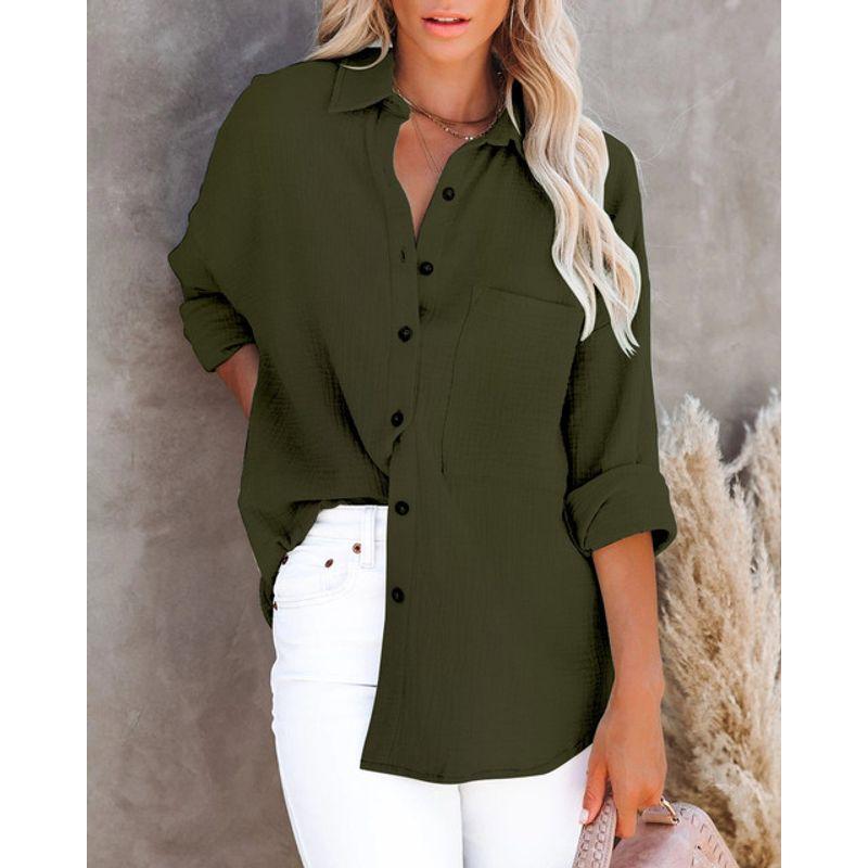 

Solid Color Drop Shoulder Lapel Casual Shirt Pure Color Drop Shoulder Lapel Shirt Army Green S