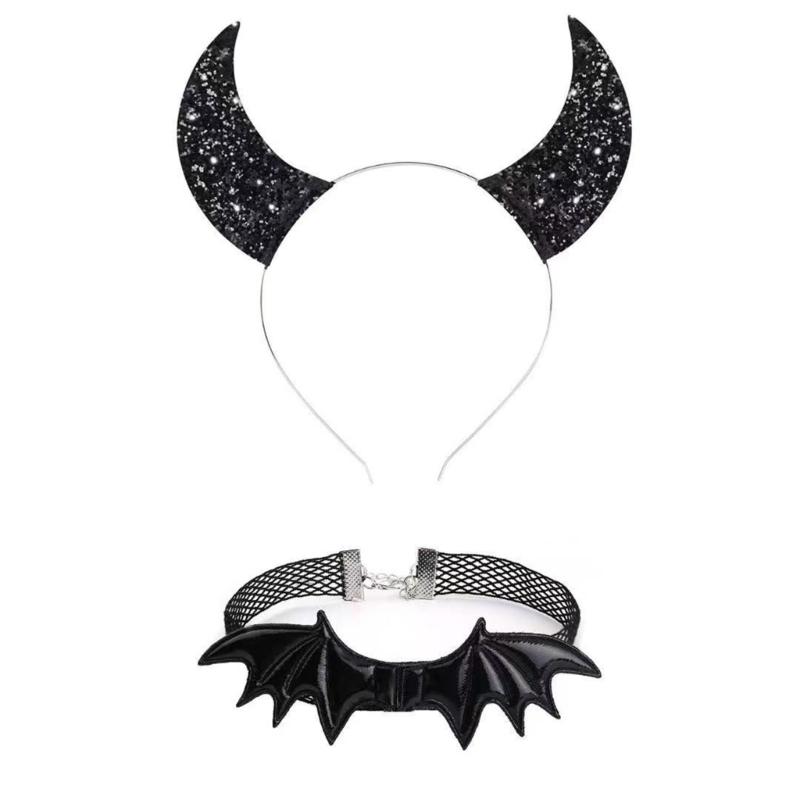 Gothic Dark Glitter Girls Choker Collar Rose Devil Wing Headband Set Gothic Bat Wing Versatile Choker
