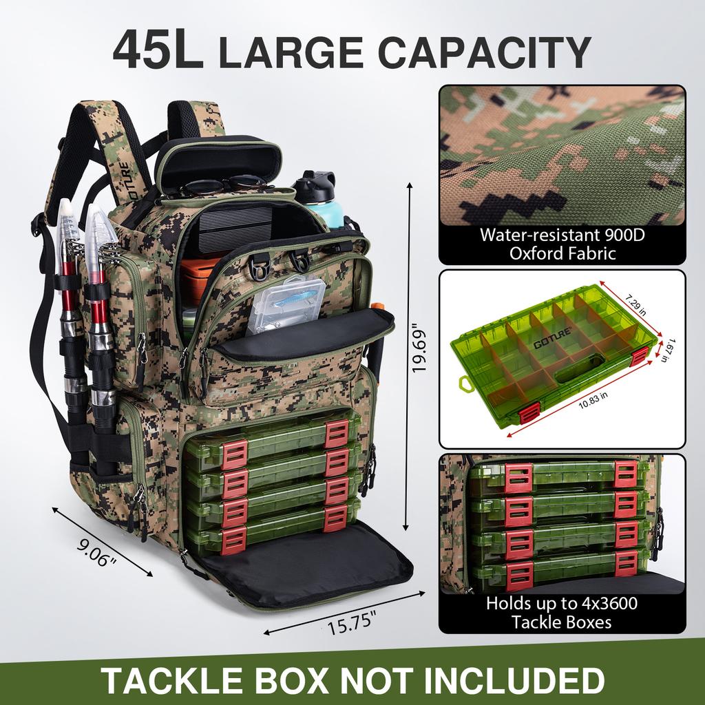 Zaino da Pesca Goture da 45L ad Ampia Capacità, Borsa da Pesca Impermeabile con 4 Scatole porta Attrezzi, Porta Canne per Attrezzatura da Pesca, Regalo per Uomini