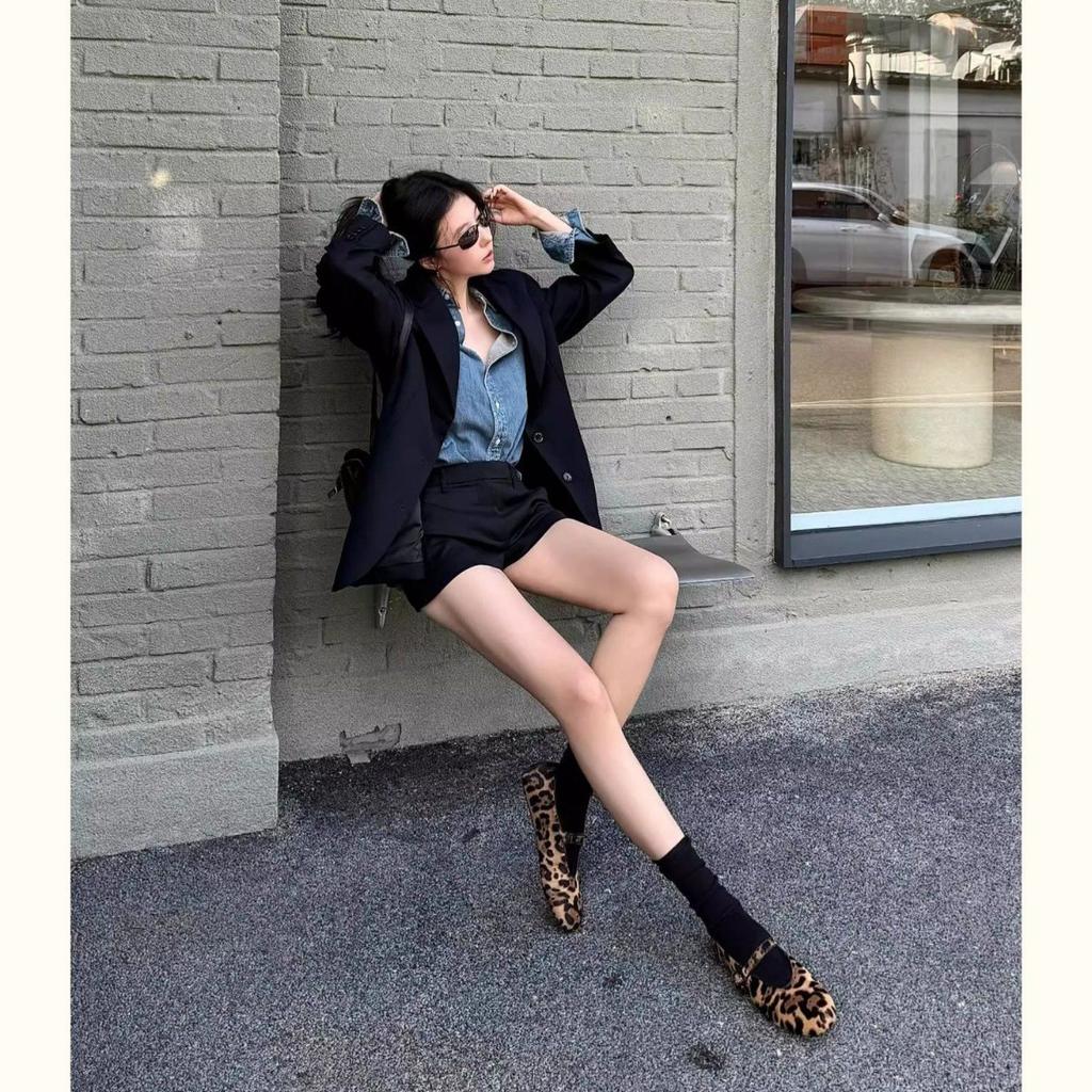 Sheepskin Version~ Niche Leopard Print Suede One-word with Light Mouth Single Shoes Women's Flat Bottom Mary Zhenzi