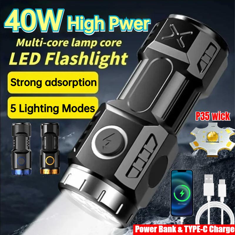 40W High Power USB Type-C Rechargeable LED Flashlight Camping Light With Side Lights and Lampshade Tail with Magnet Suitable for Exploring, Camping