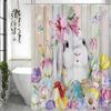 Cute Bunny Shower Curtain, Floral Colorful Eggs Wooden Plank Bowknot Bathroom Decorative Shower Curtain, Waterproof Shower Curta