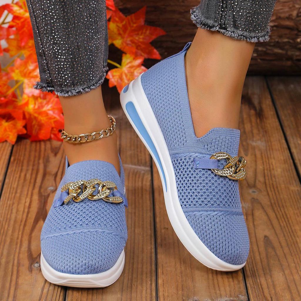 Fashion Women Pink Casual Shoes Breathable Mesh Shoes Woman Lightweight Chain Shallow Ladies Wedge Heels Shoes Spring Autumn Loafers