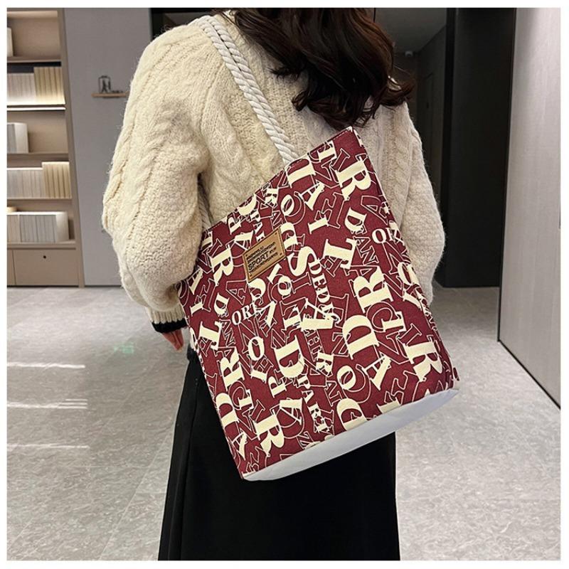 Stylish Large Canvas Tote Bag with Letter Print and Rope Handles for Work and Commute