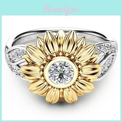 Stylish Copper Sunflower Ring With Gold Plating And Gemstone Inlay For Birthdays