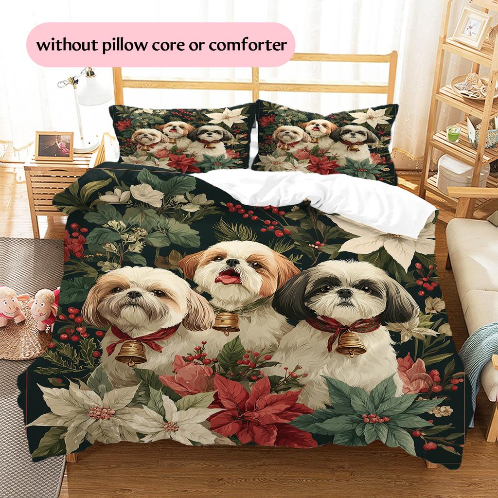 Three Bell-adorned Cats and Dogs Pattern Bedding Quilt Set Home Decoration Gift (1 * duvet cover + 2 * pillowcase, without core)
