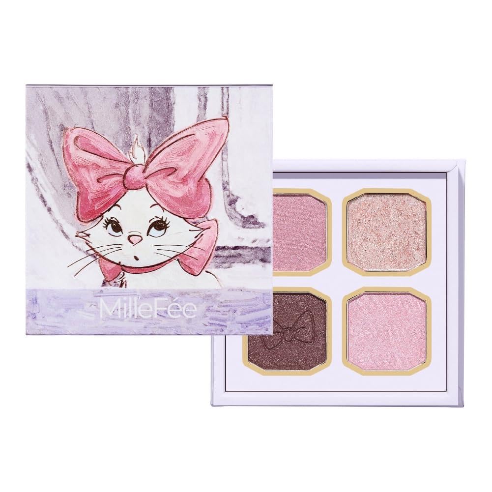 MilleFee My Kitty Eye Palette (M02 Ragdoll/Disney Marie) Cat 4 Colors Eyeshadow Glitter Makeup Yellow Undertone Blue Marie-chan Disney