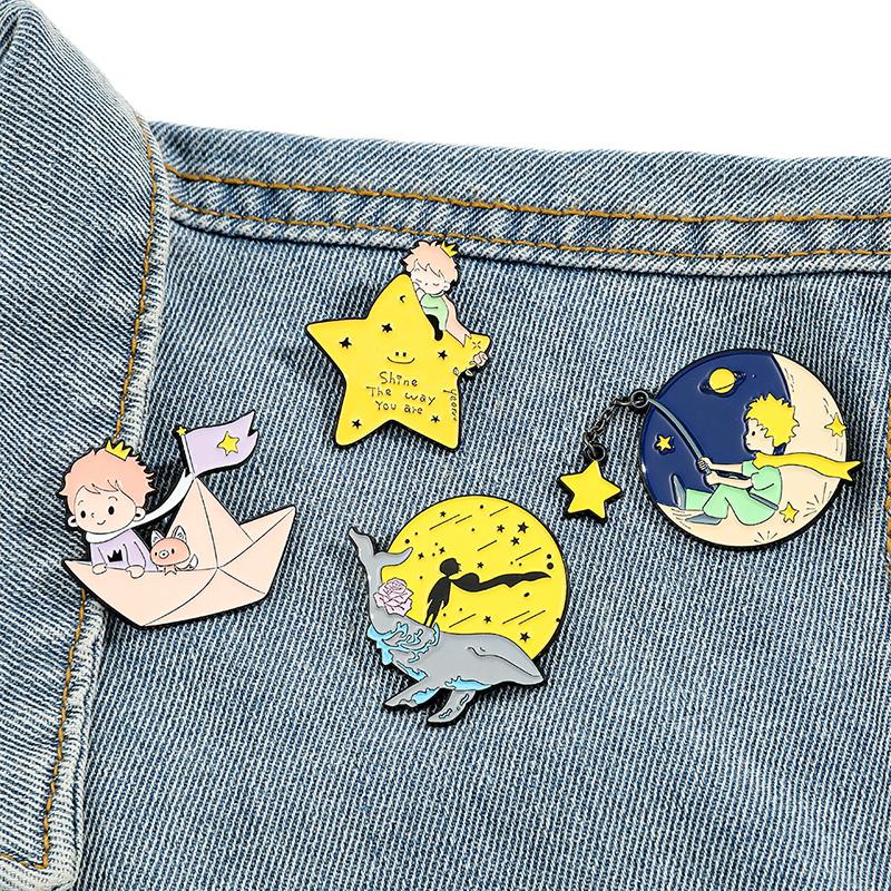 Cute Cartoon Little Prince Moon Star Fairy Tale Enamel Brooch Pin Art Badge Jewelry Decorate Accessories