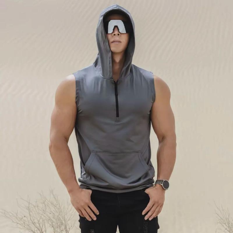 

Men s Grey Sleeveless Hoodie with Half Zip and Kangaroo Pocket Workout Tank Top M