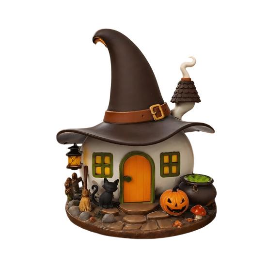 Halloween Witch House Ornament, Decorative Desktop Halloween Ornaments with Black Cats Pumpkin Lanterns Magic Brooms for Party Table Decorations and