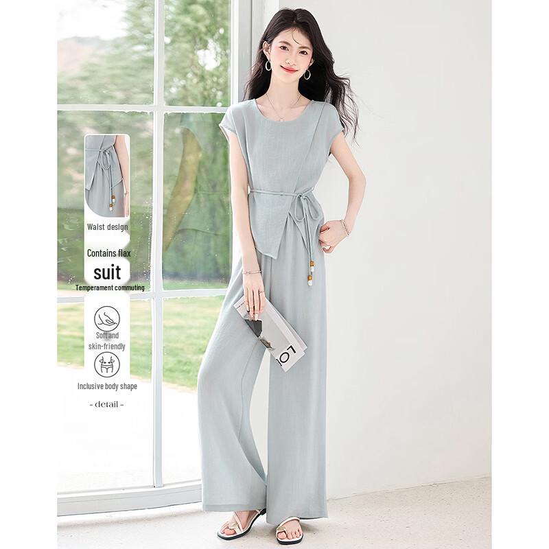 

Women s Elegant Tie-Waist Short Sleeve Top & Pants Set L