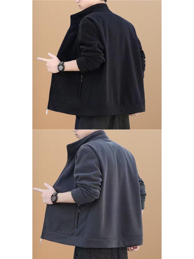 Men's Stand Collar Zipper Cardigan - Thick Fleece Loose-Fit, Large Size Jacket for Autumn & Winter
