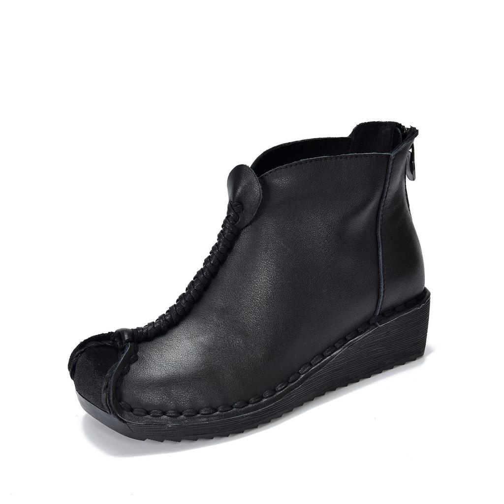 Johnature Versatile Genuine Leather Women's Wedges Shoes Retro Cowhide Soft Soled Short Boots