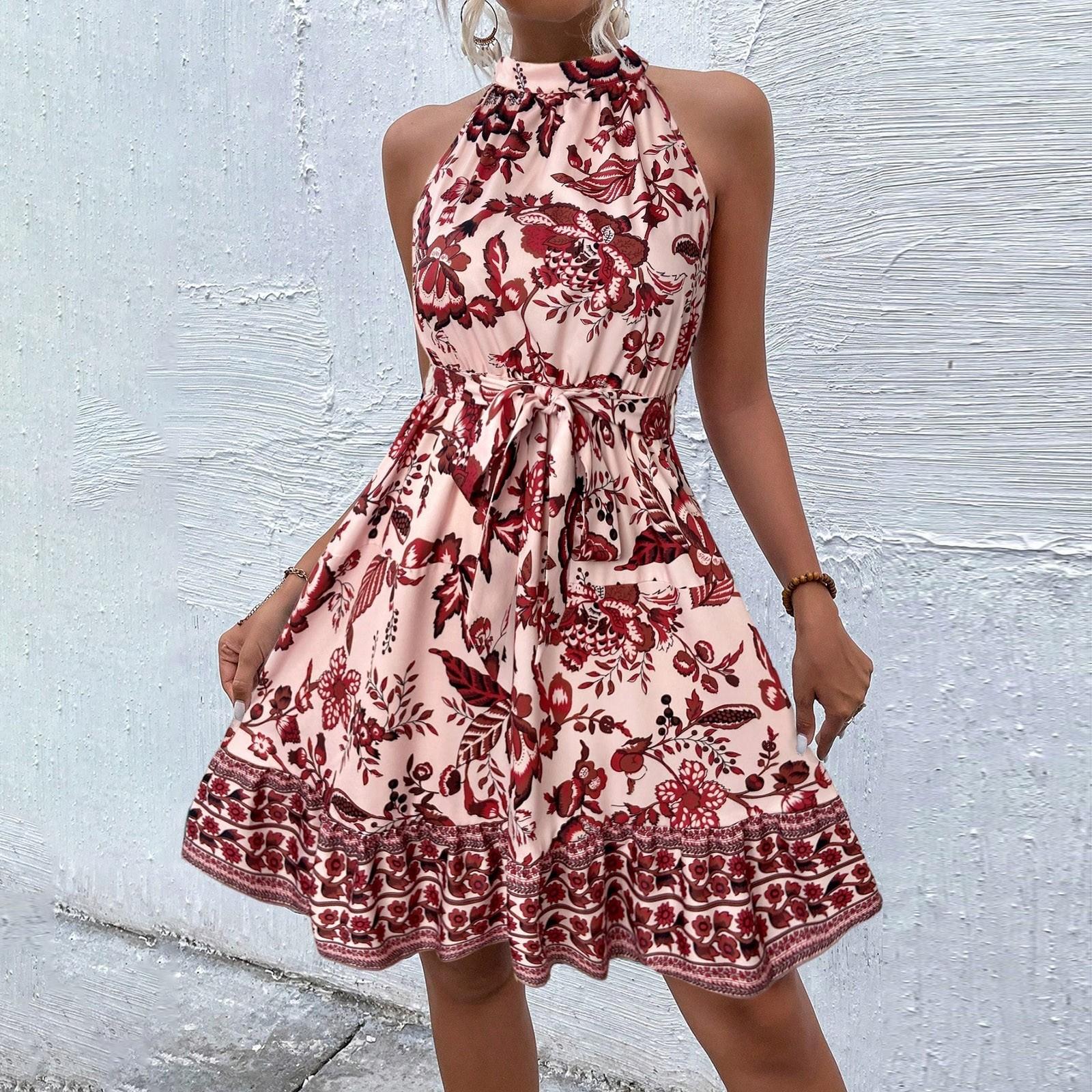 

Женское модное платье без рукавов с цветочным принтом, галстуком на шее и приталенным силуэтом M красный