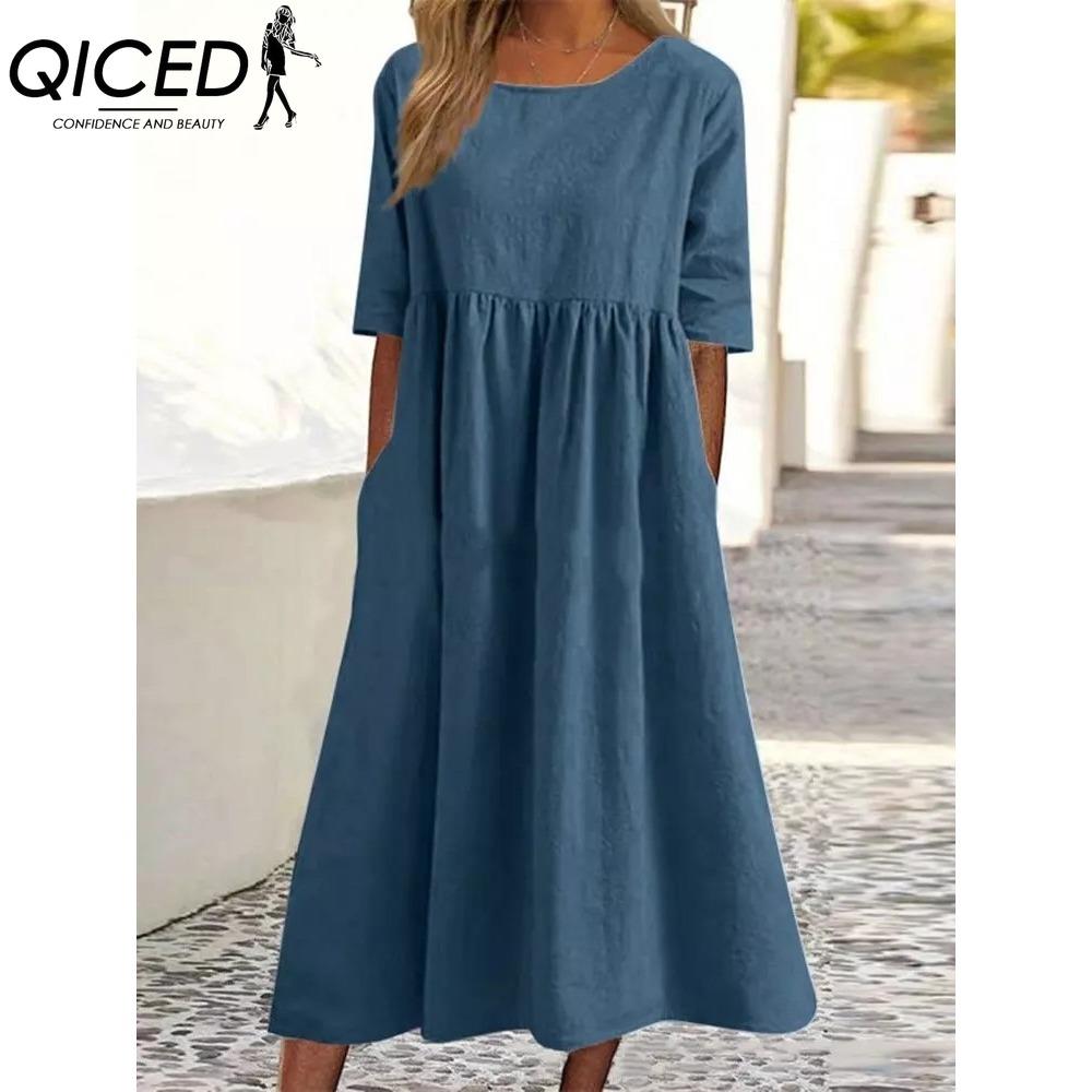 QICED Primavera Estate Abito Donna Girocollo Abiti Lunghi Casual Ampi Abiti Taglie Forti