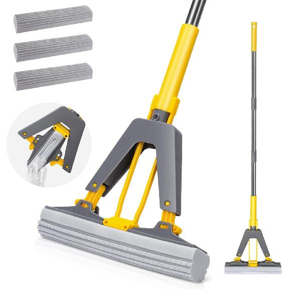 MASTERTOP PVA Sponge Mop for Floor Cleaning Self Squeeze Sponge Mop with 3 Pcs Sponge Heads Household Roller Sponge Mop with 51  Handle for Tile