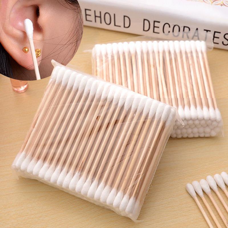 Dual-Ended Cotton Swabs for Ear Cleaning & Makeup Removal - Pointed Wooden Sticks & Disposable Cotton Balls