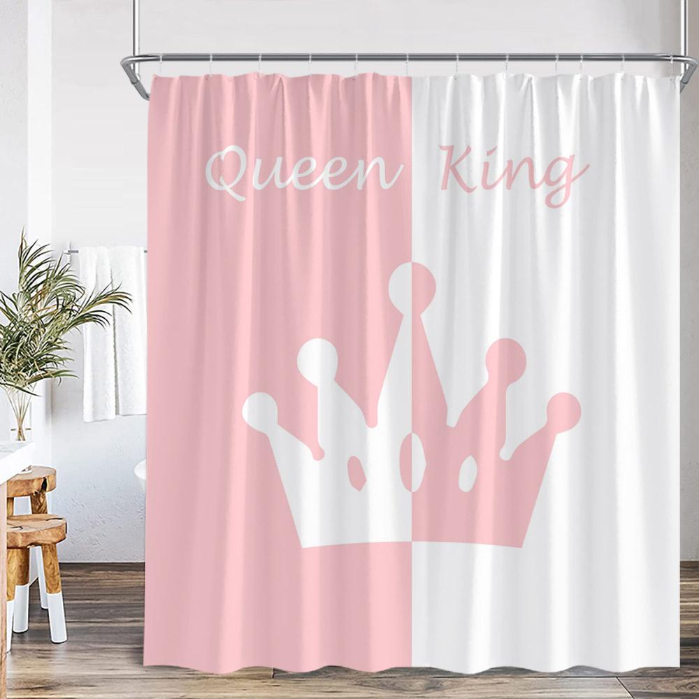 Crown Queen And King Shower Curtain Black White Pink Red Background Mrs Mr Right Couple Lover Polyester Bathing Decor Curtain