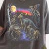 Koszulka Vintage Las Dinozaurów, Retro Koszulka Graficzna Las Jurajski, Koszulka z Parasaurolofem i Triceratopsem, Góra z Prehistoryczną Naturą