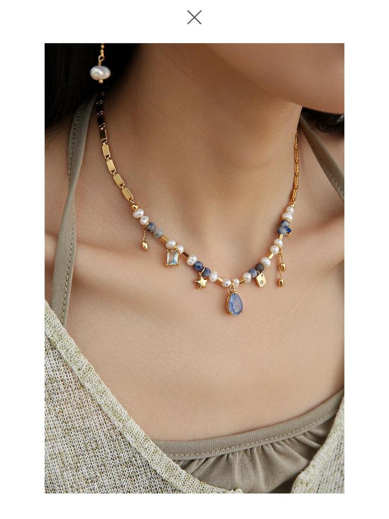 French Retro Royal Court Style Zircon & Pearl Necklace with Natural Stone Clavicle Chain