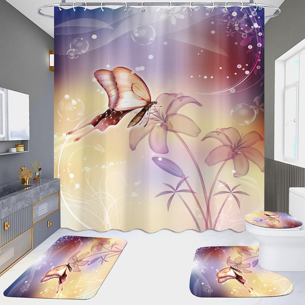 4-Piece Shower Curtain Set with HD Digital Printing | Waterproof, Drill-Free, Ideal for Home/Hotel Bathroom Partition