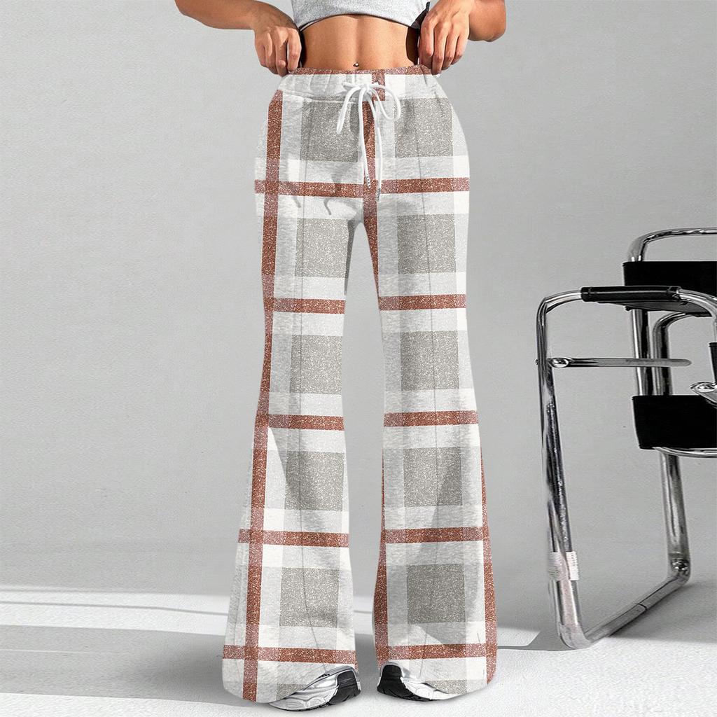 Women's Fashion Loose Drawstring Waist Plaid Printed Casual Sports Pants Casual Flared Pants