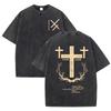 Retro Acid Wash Oversized Tee Christian Cross Paradise Letter Graphic Casual Men Women Streetwear T Shirt