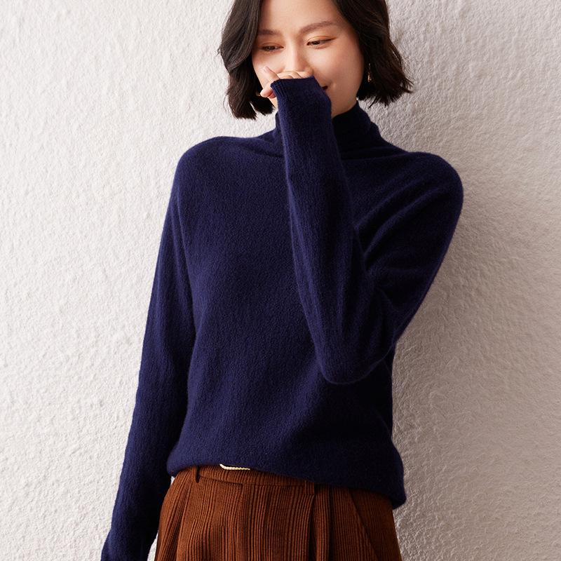 Autumn Winter Women's 12-Gauge Cashmere Stand-Up Collar Knit Sweater Pullover